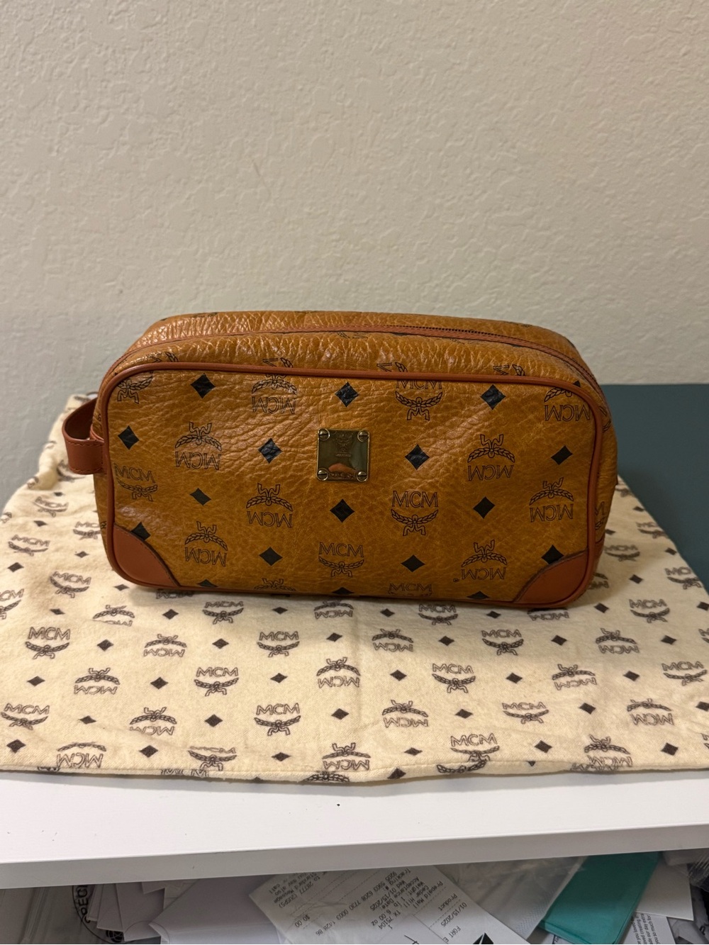 MCM Cognac Visetos Leather Toiletry/Cosmetic Pouch Bag